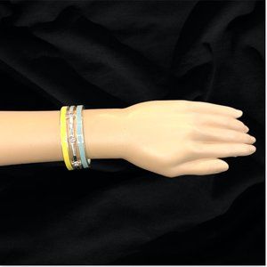 Metal Wrist Cuff in Blue, Yellow, and Silver with Pink Rhinestones